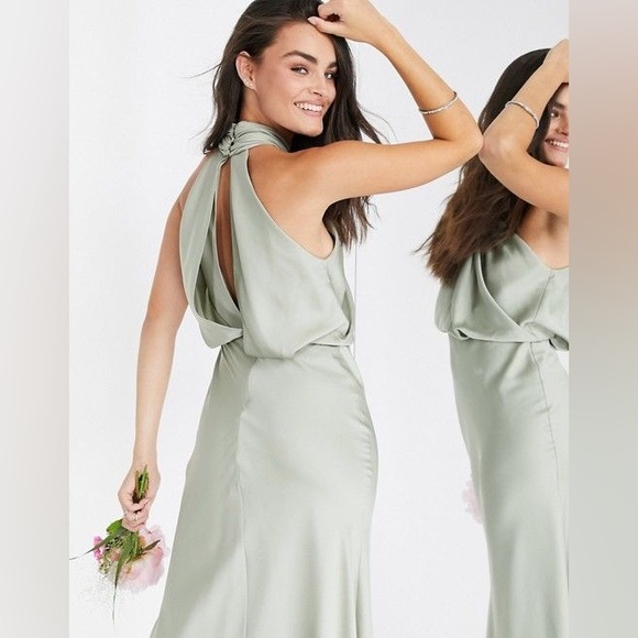 ASOS edition satin ruched halter neck maxi dress, sage green, US 4 - Picture 7 of 8